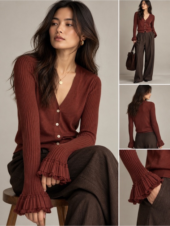 Theory Sweaters - Theory Wool Blend Sheer Sleeve Ruffle Cuff Cardigan Size M Rust Red